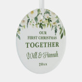 Ons eerste kerstfeest samen gepersonaliseerd paar glas ornament (Voorkant Rechts)