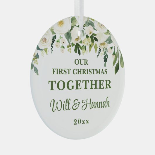 Ons eerste kerstfeest samen gepersonaliseerd paar glas ornament (Voorkant Rechts)