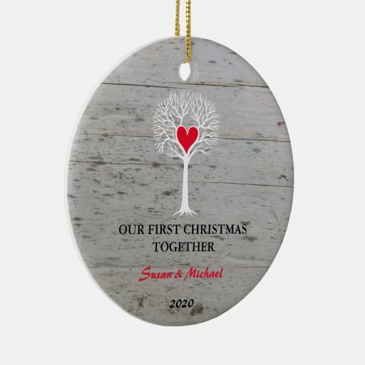 Ons eerste kerstfeest samen liefdesboomdrift keramisch ornament (Rechts)