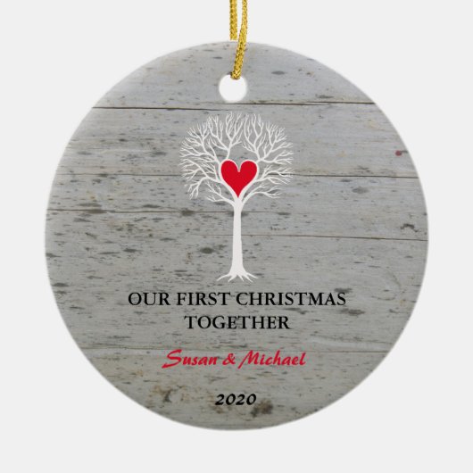 Ons eerste kerstfeest samen liefdesboomdrift keramisch ornament (Voorkant)