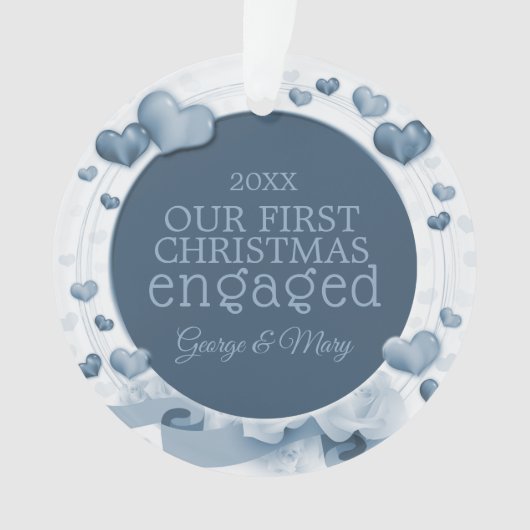 Ons eerste kerstfeest samen met een foto blauw ornament (voorkant)