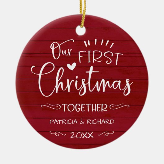 Ons eerste kerstfeest samen met Rustic Farmhouse R Keramisch Ornament (Voorkant)