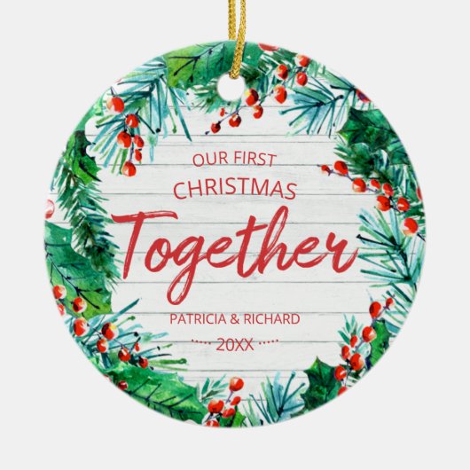 Ons eerste kerstfeest samen met Rustic Wreatch Cou Keramisch Ornament (Voorkant)