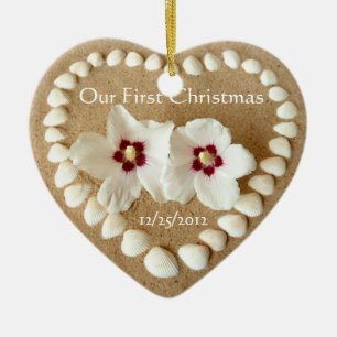 Ons eerste kerstfeest - Sandy Beach met Heart Shel Keramisch Ornament