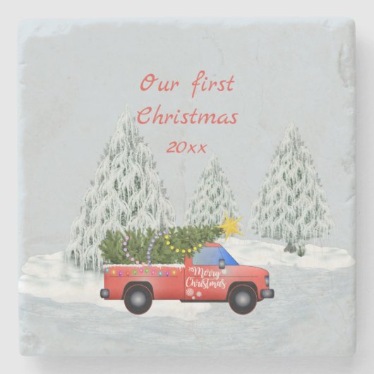 Ons eerste kerstfeest Truck Ornament Stenen Onderzetter (Voorkant)