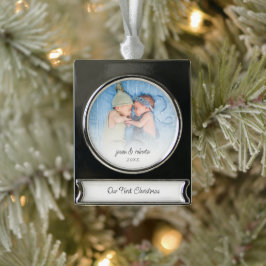 Ons eerste kerstfotojaar met tweelingen namen verzilverd banner ornament