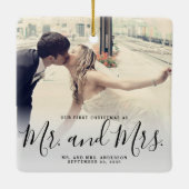 Ons eerste kerstgehuwde fotolegante script keramisch ornament (Achterkant)