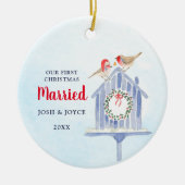 Ons eerste kerstgehuwde gepersonaliseerde Birdhous Keramisch Ornament (Voorkant)