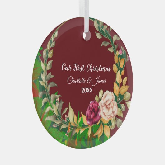 Ons eerste kerstgroene Wreatetie Custom Couple Glas Ornament (Voorkant Rechts)