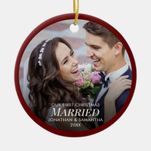 Ons eerste kersthuwelijk 2 Foto Dark Red Keramisch Ornament