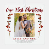 Ons eerste kersthuwelijk 2 foto modern metalen ornament (Voorkant)