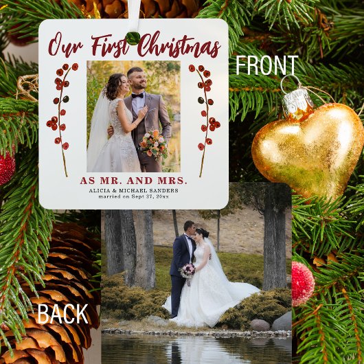 Ons eerste kersthuwelijk 2 foto modern metalen ornament