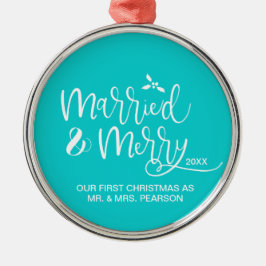 Ons eerste kersthuwelijk blauwgroen metalen ornament