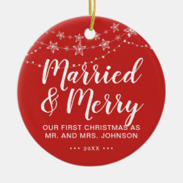 Ons eerste kersthuwelijk en Merry Photo Red Keramisch Ornament