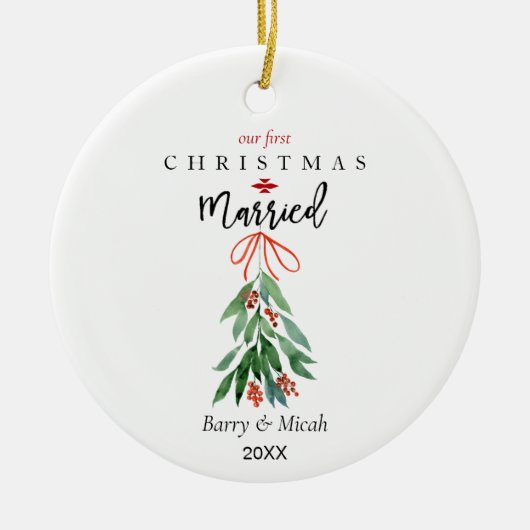 Ons eerste kersthuwelijk Mistletoe Keramisch Ornament (Voorkant)