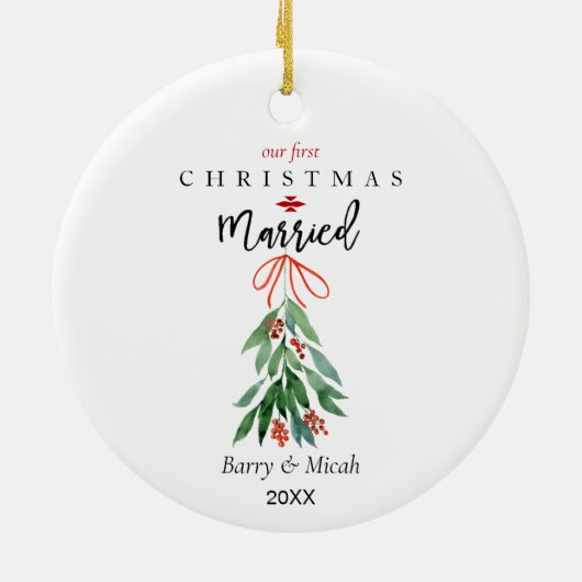 Ons eerste kersthuwelijk Mistletoe Keramisch Ornament (Achterkant)