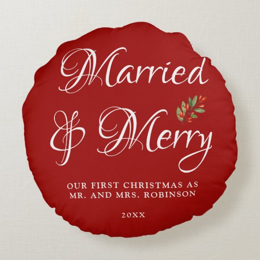 Ons eerste kersthuwelijk Rood Rond Kussen (Achterkant)