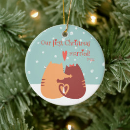 Ons eerste kersthuwelijk - twee kattekatten keramisch ornament
