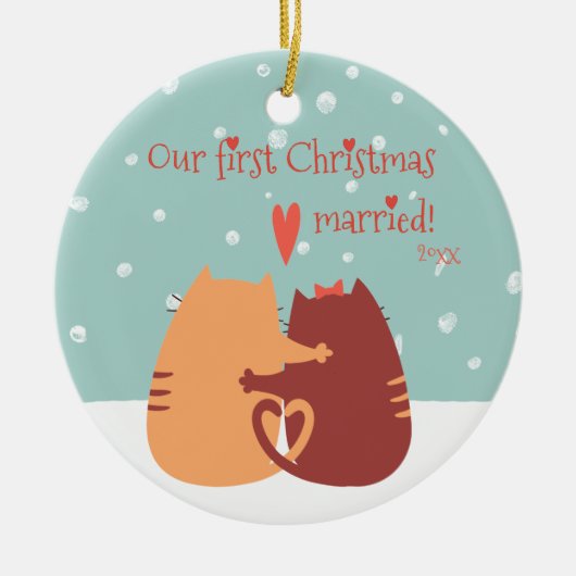 Ons eerste kersthuwelijk - twee kattekatten keramisch ornament (Voorkant)