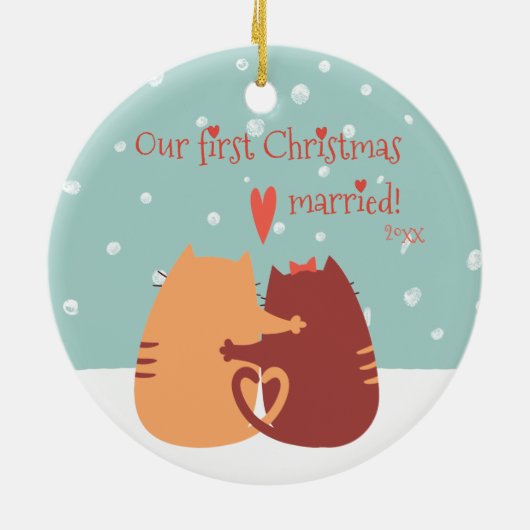 Ons eerste kersthuwelijk - twee kattekatten keramisch ornament (Achterkant)