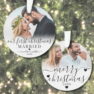 Ons Eerste Kerstmis Getrouwd Koppel 2 Foto Ornament