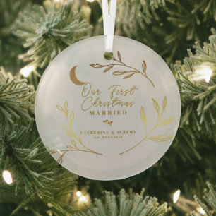 Ons Eerste Kerstmis Samen Botanisch Schrift Glas Ornament