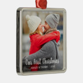 Ons eerste kerstpaar foto Modern Square Metalen Ornament (Rechts)