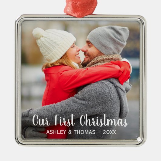 Ons eerste kerstpaar foto Modern Square Metalen Ornament (Voorkant)