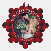 Ons eerste kerstpaar foto rood geplakt ornament kaart (Voorkant)