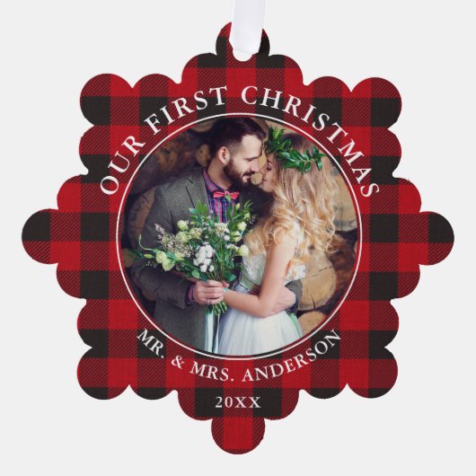 Ons eerste kerstpaar foto rood geplakt ornament kaart (Voorkant)
