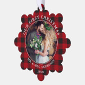 Ons eerste kerstpaar foto rood geplakt ornament kaart (Links)