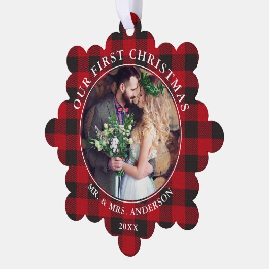 Ons eerste kerstpaar foto rood geplakt ornament kaart (Links)