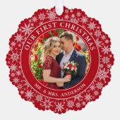 Ons eerste kerstpaar foto sneeuwvlokken rood ornament kaart (Voorkant)
