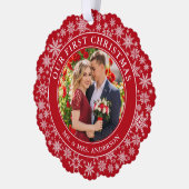 Ons eerste kerstpaar foto sneeuwvlokken rood ornament kaart (Links)