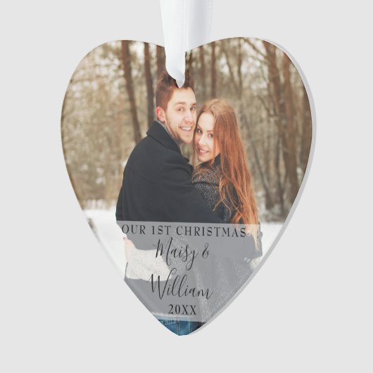 Ons eerste kerstpaar Foto's Script Heart Ornament (voorkant)