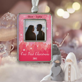 Ons eerste kerstroze besneeuwde winterthema verzilverd omlijst ornament