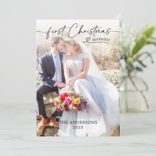 Ons eerste kerstscript bruiloft bedankkaart (Staand voorkant)