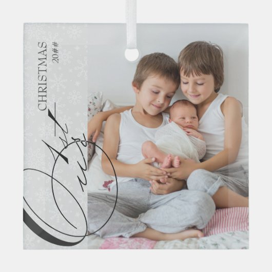 Ons eerste kerstscript - Verticale foto Snowflake Glas Ornament (Voorkant)