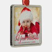 Ons eerste kerstvierkant met rood script metalen ornament (Rechts)