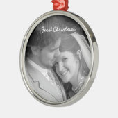 Ons eerste kerstzwarte Damasfoto-Ornament Metalen Ornament (Links)