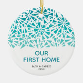 Ons eerste persoonlijke blauwe fractutiepatroon keramisch ornament (Voorkant)