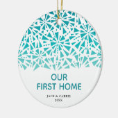 Ons eerste persoonlijke blauwe fractutiepatroon keramisch ornament (Links)