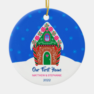 Ons eerste thuisbrood huis Elegant Blue Keramisch Ornament