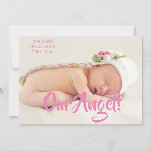 Ons engel roze fotoscript Aangepaste geboorte Aankondiging (Voorkant)