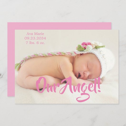 Ons engel roze fotoscript Aangepaste geboorte Aankondiging (Voorkant / Achterkant)
