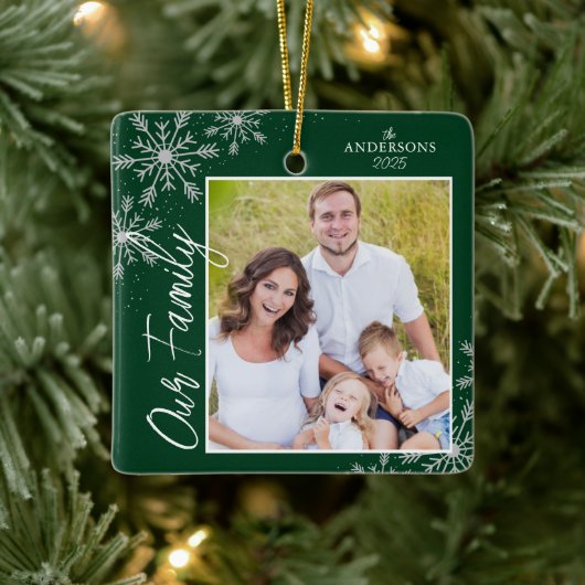 Ons familiehandschrift Foto groen kerstfeest Keramisch Ornament (Boom)