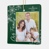 Ons familiehandschrift Foto groen kerstfeest Keramisch Ornament (Links)