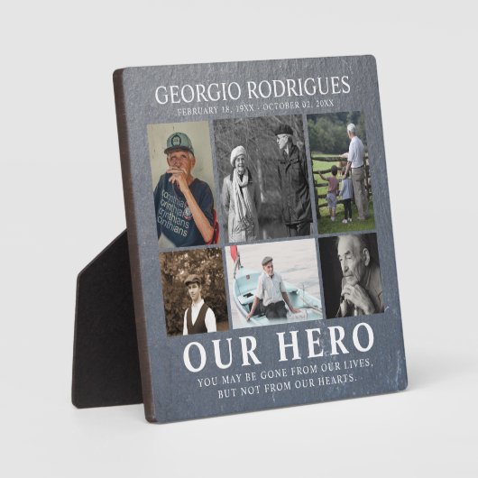 Ons Hero Photo Collage Memorial | Grijzige leistee Fotoplaat (Voorkant)