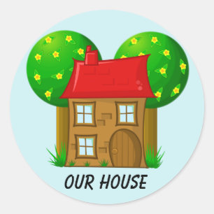 Ons Huis Cartoon Huis en Bomen Ronde Sticker