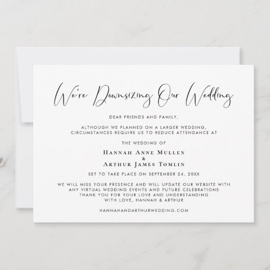 Ons Huwelijk Inkrimpen Elegante Kalligrafie Aankondiging (Voorkant)